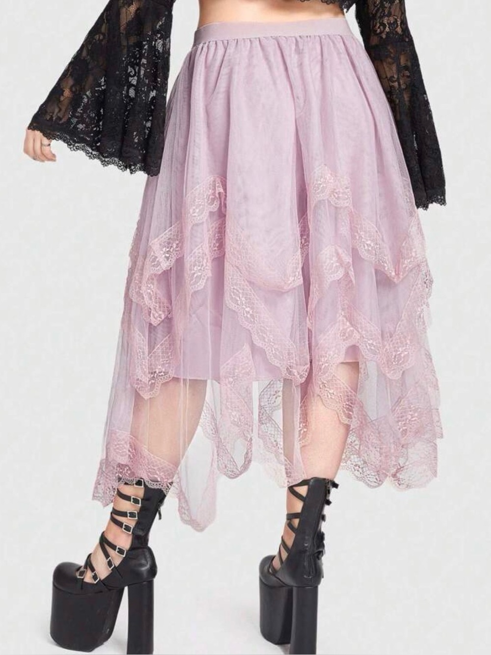 Goth Lace Trim Asymmetrical Hem Mesh Skirt - Picture 2 of 2